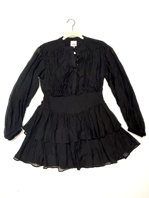 So Me Women's Dress S Whimsigoth Coquette Fairycore Gothic Cottagecore Black Tiered Ruffle Mini Puff Sleeve Sheer Crinkle Tencel Button Front Long Sleeve Lined Babydoll