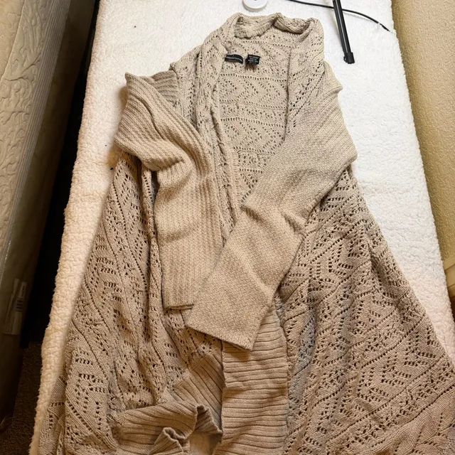 Moda International Cardigan Sweater Beige Open Knit Shawl Collar