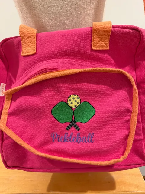 Cloquette Cb Station Pickleball Canvas Tote Bag Pink Orange Embroidered Paddles