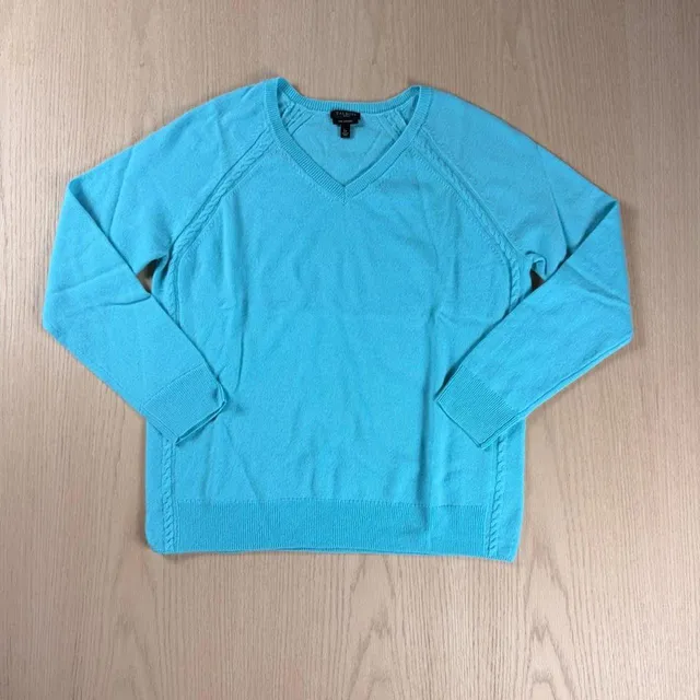 Talbots Cashmere V-Neck Sweater Lp Turquoise Blue Cable Knit Pullover