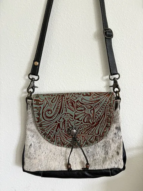 Myra Western Cowhide Leather Crossbody Bag Turquoise Tooled Flap