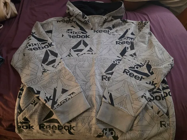 Reebok Unwind AOP Hoodie Size 2XL Grey Black Logo All Over Print Sweatshirt