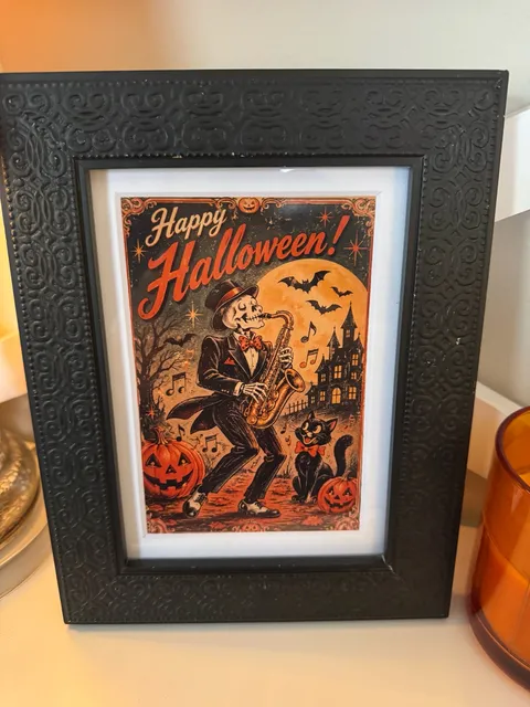 Vintage Style Happy Halloween Skeleton Playing Saxophone Framed Art