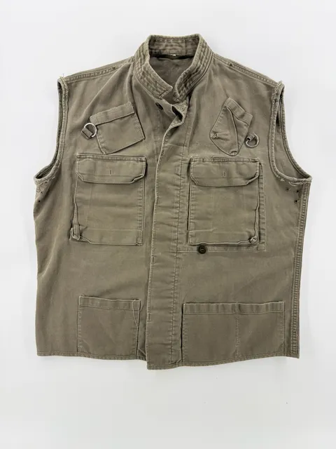 Vintage 90s Olive Military Utility Vest XL Multi Pocket D Ring Distressed