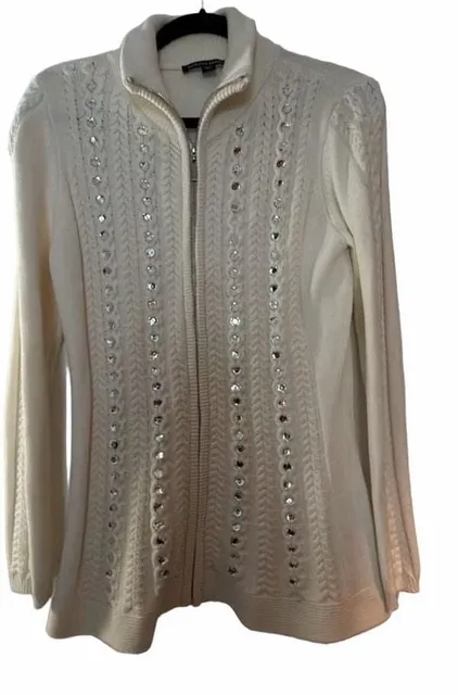 Boston Proper Zip Up Cardigan Size M Ivory Cable Knit