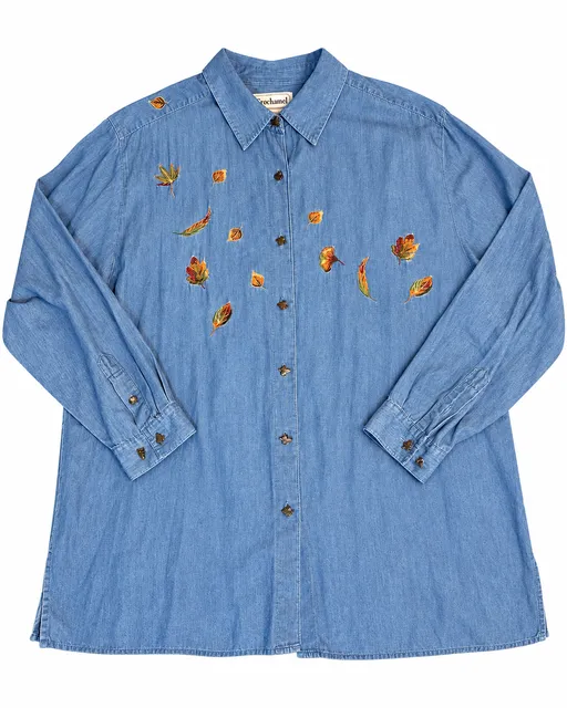 Vintage Bechamel Denim Button Down Shirt XL Embroidered Autumn Leaves