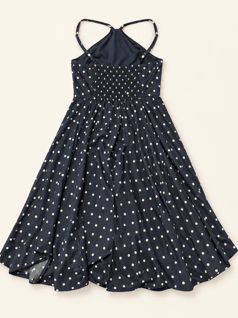 Venus Polka Dot Halter Midi Dress Size 6 Navy Blue Smocked Back