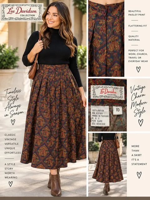 Vintage Lee Davidson Paisley Midi Maxi Skirt Women’s 10 Pleated Button Back