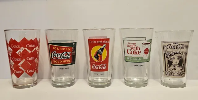 Vintage Coca-Cola Glasses Set of 5 Diamond Pattern & Decades Promotional Series
