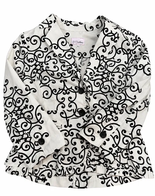 3 Sisters Womens L Black White Scroll Print Cotton Blazer Jacket Made in USA