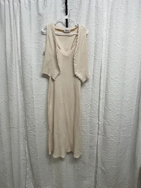 Vintage 90s California Gold Rush Waffle Knit Midi Dress Lace Up Vest Set L Cream