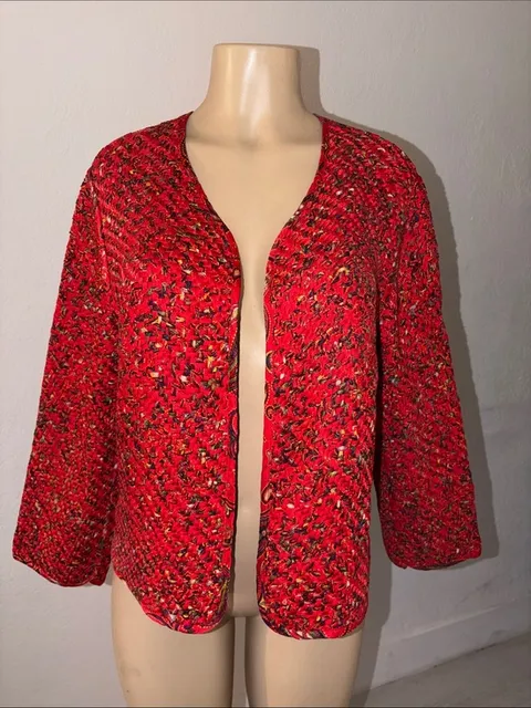 Chico's Silk Braided Red Multicolor Tweed Open-Front Jacket Size L/XL