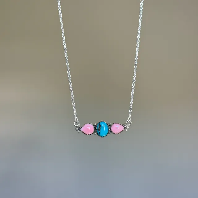 Sterling Silver Pink Conch and Turquoise Stone Necklace