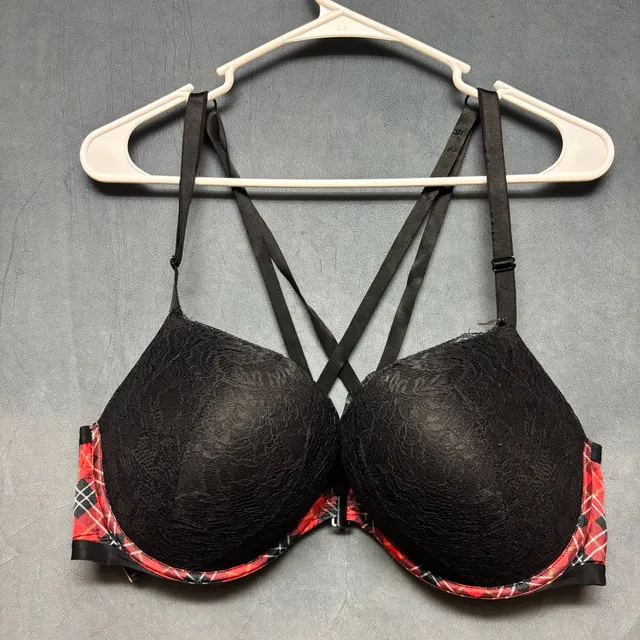 Victoria's Secret Push Up Bra Size 38D Black Plaid Lace Strappy Witchy Gothy