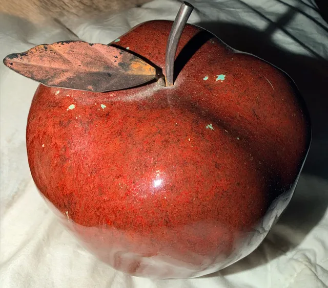Ceramic Decorative Red Apple Sculpture with Metal Leaf and Stem