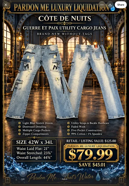Côte de Nuits Guerre et Paix Distressed Utility Cargo Jeans