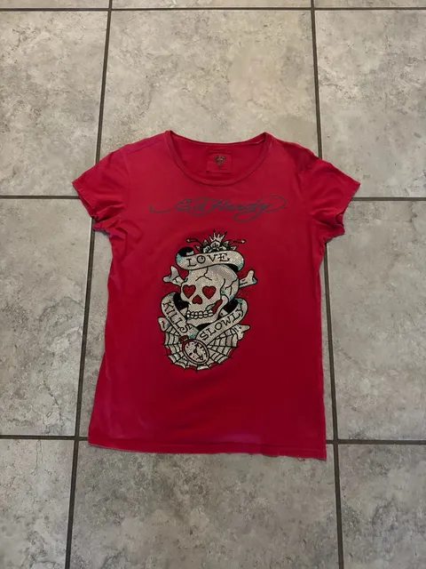 Ed Hardy Love Kills Slowly Rhinestone T-Shirt Size M Red
