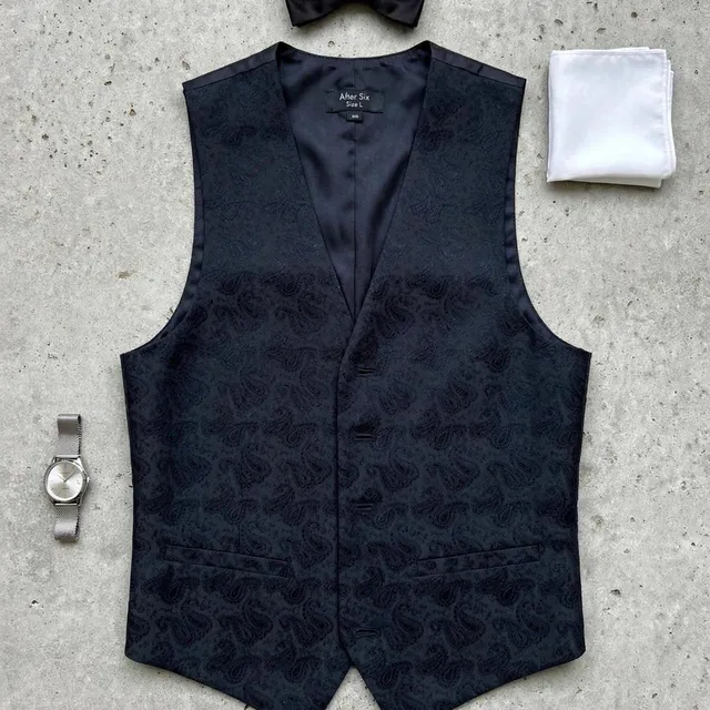 After Six Tuxedo Vest Size L Black Paisley Brocade Formal Suit Waistcoat
