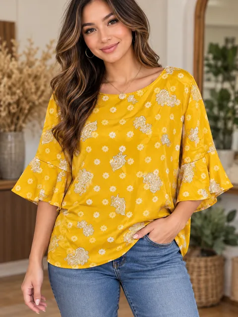 Vince Camuto Blouse Size XL Yellow Floral Paisley Flare Sleeve