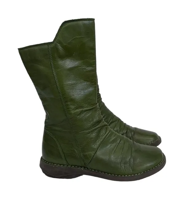 Miz Mooz Parnell Size 37 Green Leather Ruched Mid Calf Boots