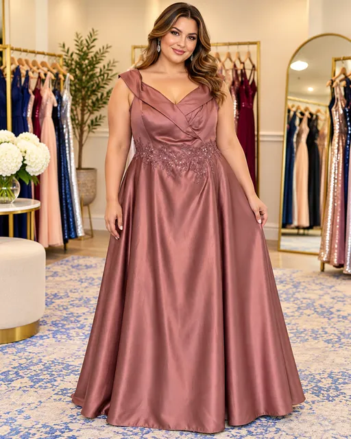 Dusty Rose Mauve Satin Beaded Plus Size Formal Evening Gown Size 16w