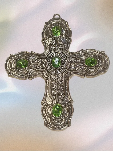 Towle Silver Tone Cross Ornament with Green Stones