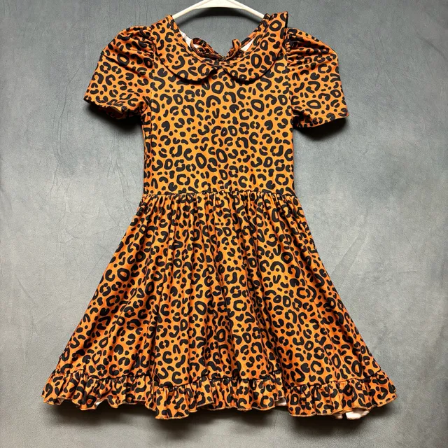 Girls' Brown Leopard Print Puff Sleeve Dress with Ruffle Hem,