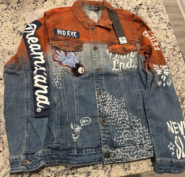 DRMLND Manifest Denim Jacket Red Eye Brigade 8-Ball Patch Size M