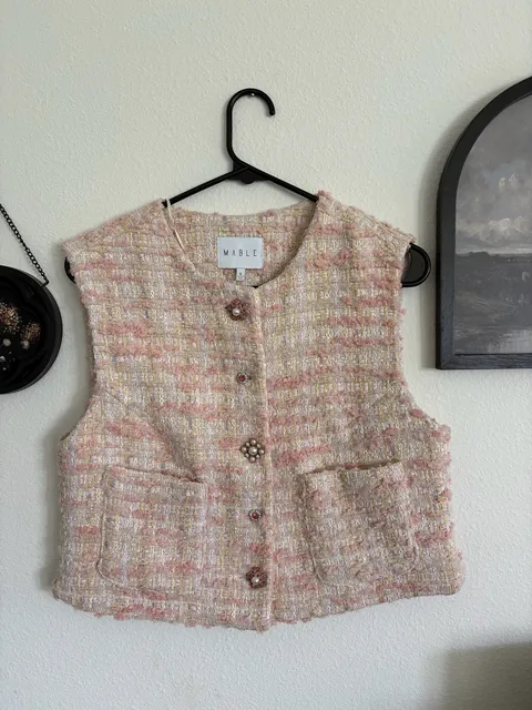 MABLE Tweed Vest Size S Pink Pearl Buttons