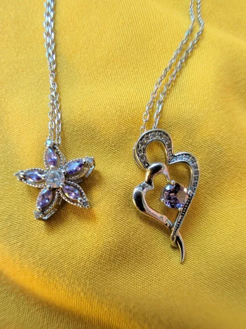 Sterling Silver Purple Crystal Flower and Heart Pendant Necklace Set