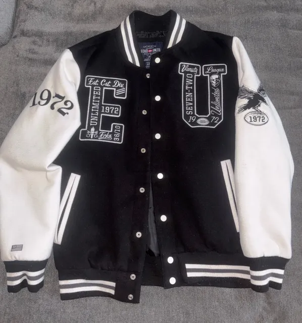 Ecko Unltd Varsity Jacket Size Large Black White Letterman Bomber