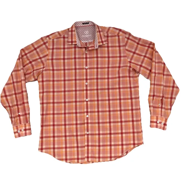 Bugatchi Uomo Button Up Shirt Men’s Large Classic Fit Long Sleeve Plaid Orange