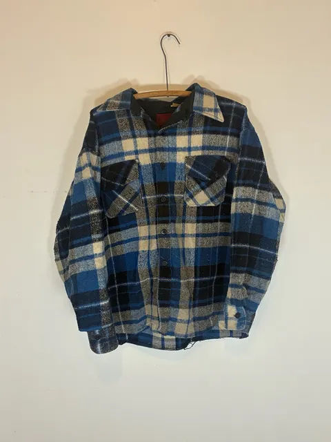 Kings Road Sears Plaid Flannel Shirt Size 17 XL Blue Black Vintage