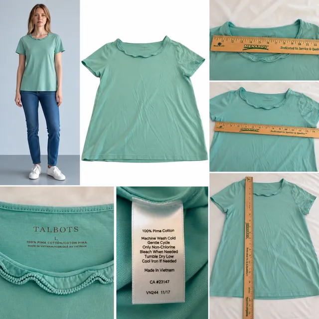 Talbots Pima Cascade Crewneck Tee Size L Green Ruffle Collar Short Sleeve