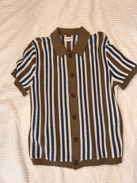 Men’s Lucky Brand Knitted Stripe Polo Shirt Size L Brown Blue White Short Sleeve