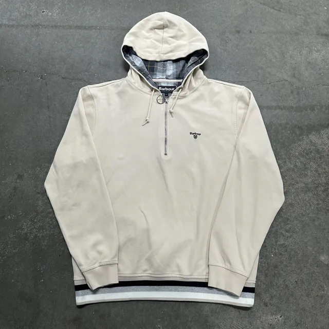 Barbour Rosford Half Zip Hoodie Size L Beige Plaid Lined