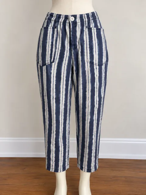 By Anthropologie Stripe Pants Size 2X Blue White 100% Cotton Cropped Trousers