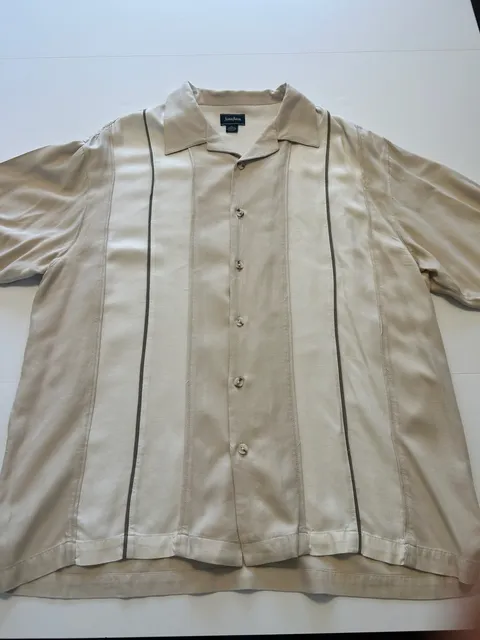 Neiman Marcus Silk Bowling Shirt Size XL Beige Striped Camp Collar