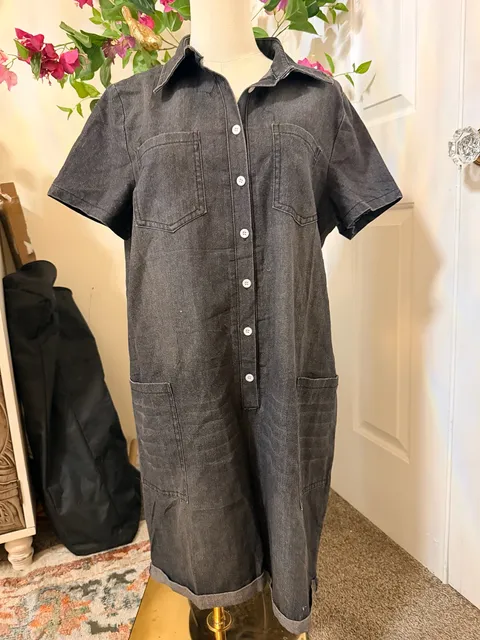 Women's Black Denim Short Sleeve Button Down Romper