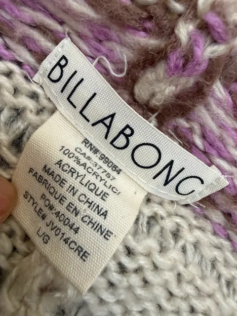 Billabong Cardigan Sweater Size L/G Pink White Striped Fringe