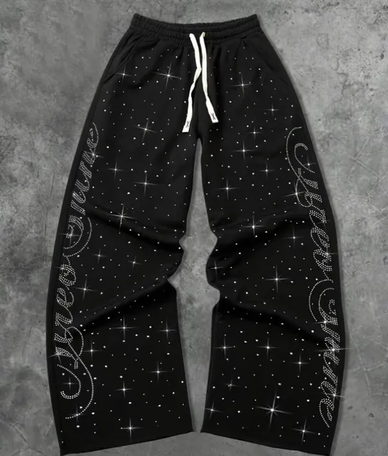 Men's Rhinestone Baggy Sweatpants Y2k Drawstring Waist Wide Leg Track Pants Streetwear With Pockets - ,
