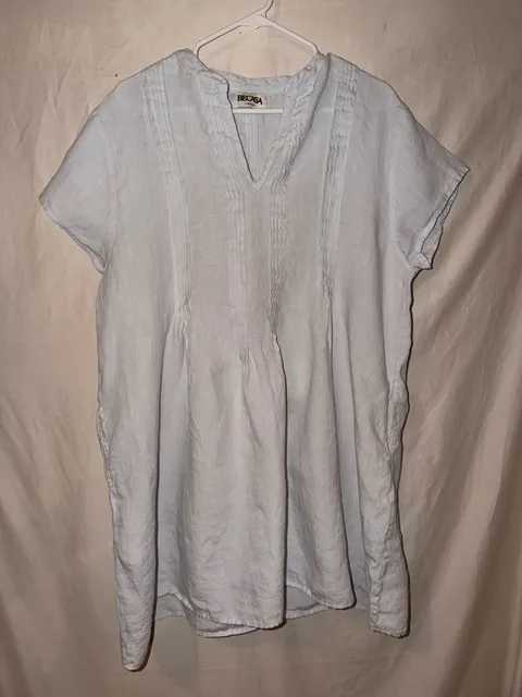 Becasa 100% Linen Tunic Dress Size Large Light Blue Pleated V-Neck