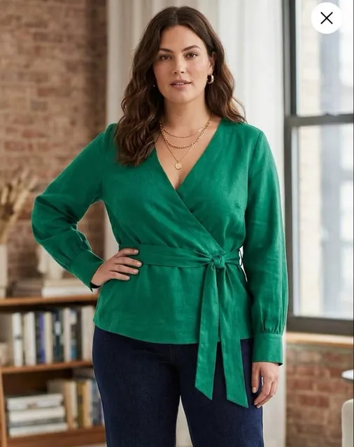 Boden Green Wrap Blouse Size US 14R Long Sleeve Tie Waist V-Neck