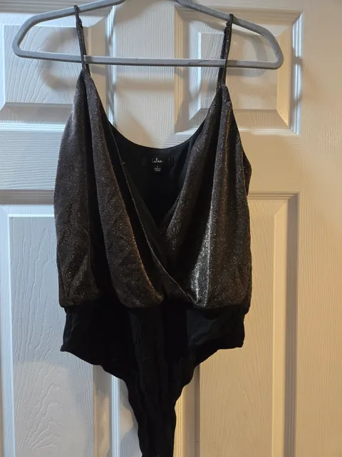 Lulus Cami Bodysuit Size L Black Metallic V-Neck