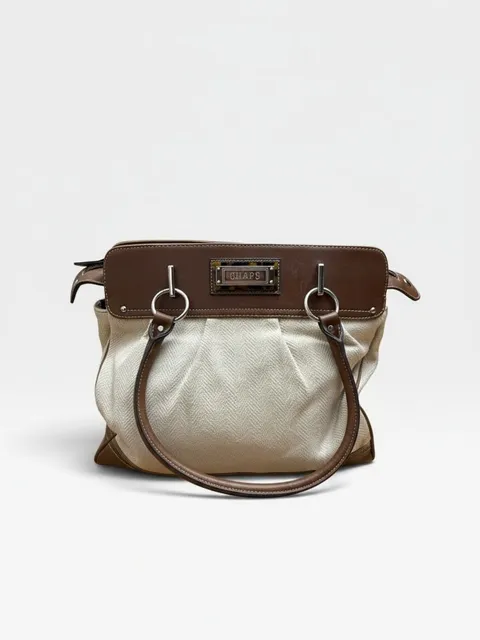 Chaps Brown White Canvas Leather Shoulder Bag Purse With Chain Strap
