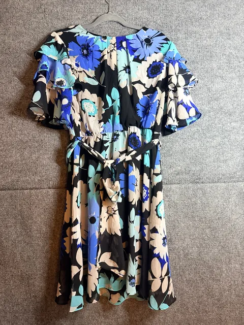 Calvin Klein Floral Dress Size 12 Blue Black Chiffon