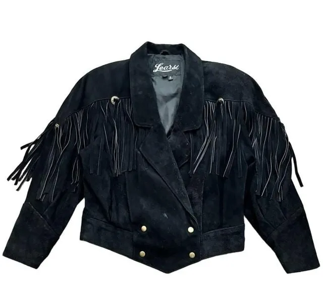 Learsi Suede Fringe Jacket Size M Black Western Leather Crop
