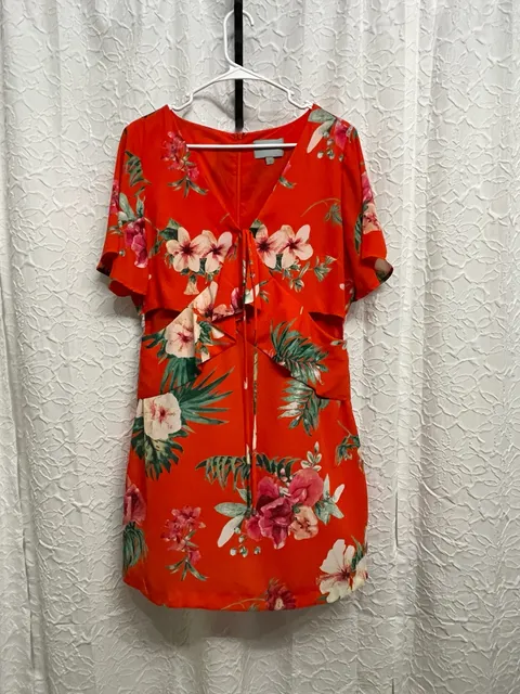 Skies Are Blue Tropical Floral Side Cutout Short Sleeve Romper Large Orange Red