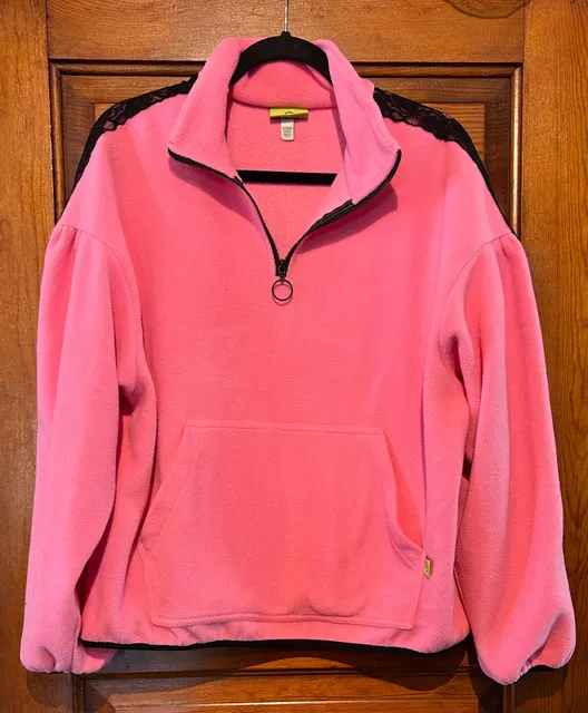 Lazy Oaf Half Zip Pullover Sweatshirt Size L Pink Black Lace Trim Fleece