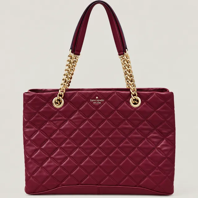 Kate Spade Quilted Leather Chain Tote Bag Burgundy. Middle zip plus smaller side zip. 